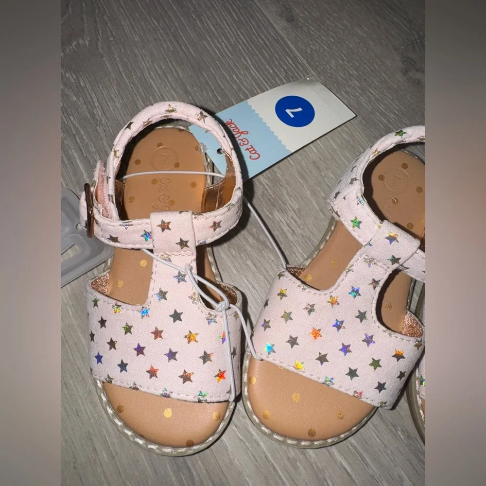 Toddler Girls Cat & Jack Kids' Pink Star Sandals, Velcro close, Sz 7